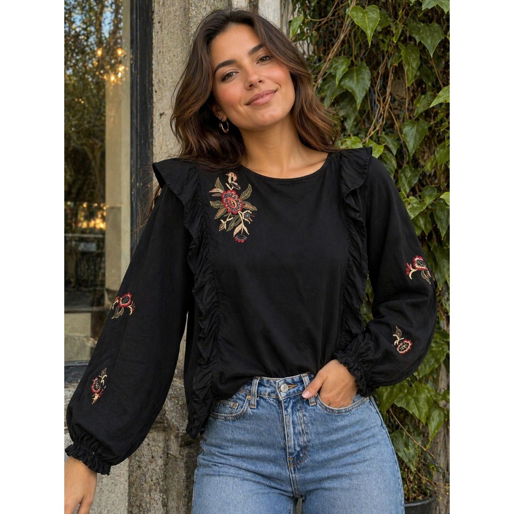 Zara Basic Collection Floral Embroidered & Ruffle Trim Blouse Size S